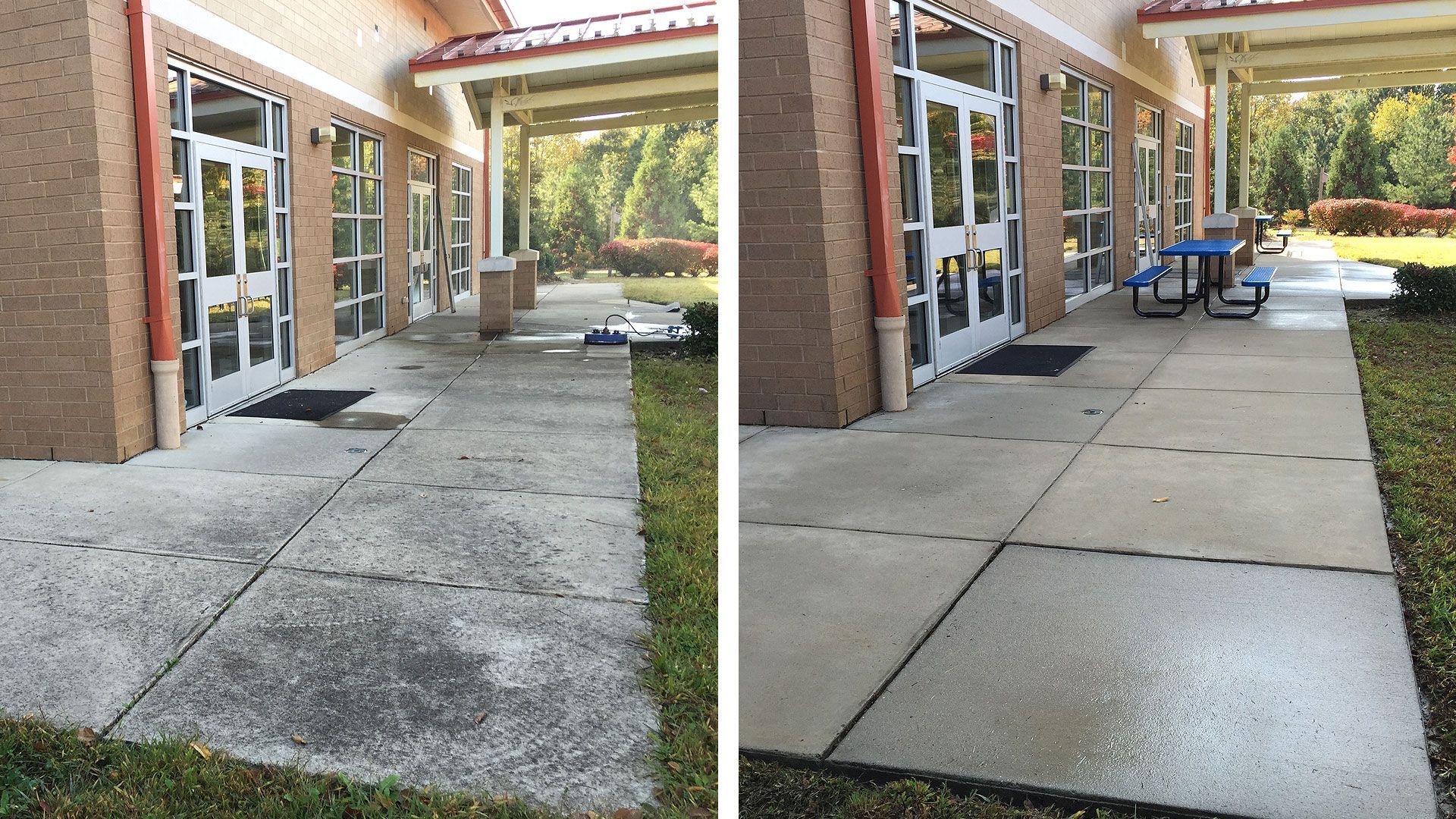 A before and after photo of a sidewalk pressure washed  in front of a building.