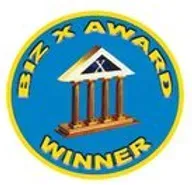 A blue circle with a masonic symbol on it and the words `` biz award winner ''.