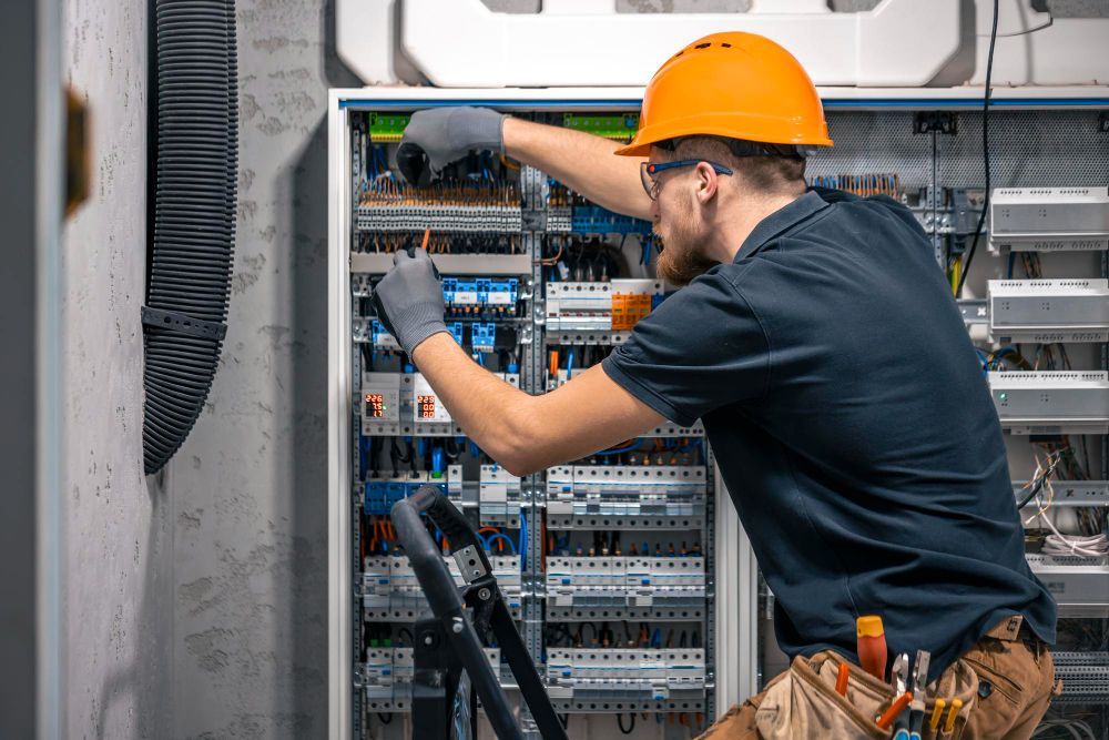 A man in a hard hat is working on an electrical box.