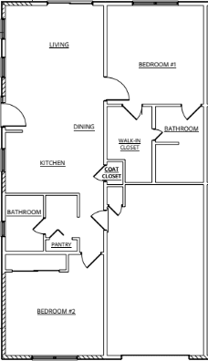 Floor plan of a two-bedroom apartment. Includes living room, kitchen, dining area, and two bathrooms.
