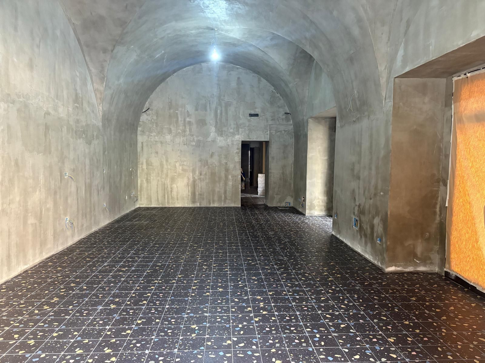 Stanza vuota in cemento con soffitto a volta, pavimento piastrellato scuro e porta sul retro.