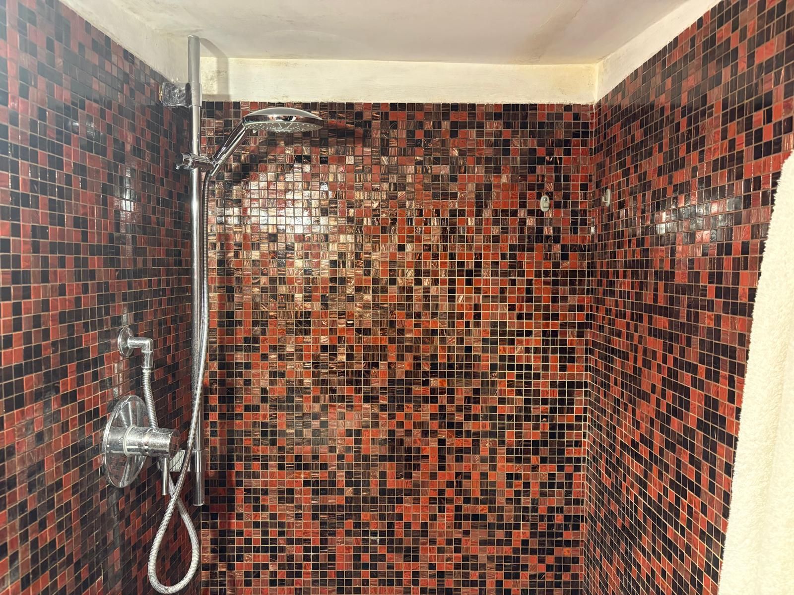 Box doccia piccolo piastrellato con pareti a mosaico rosse e nere e doccetta a mano cromata.