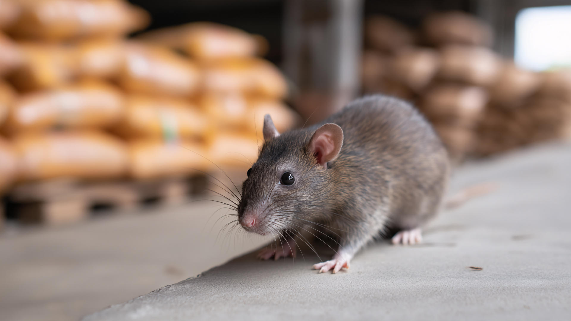 Rat in a warehouse setting, looking forward, with sacks of goods in the background.