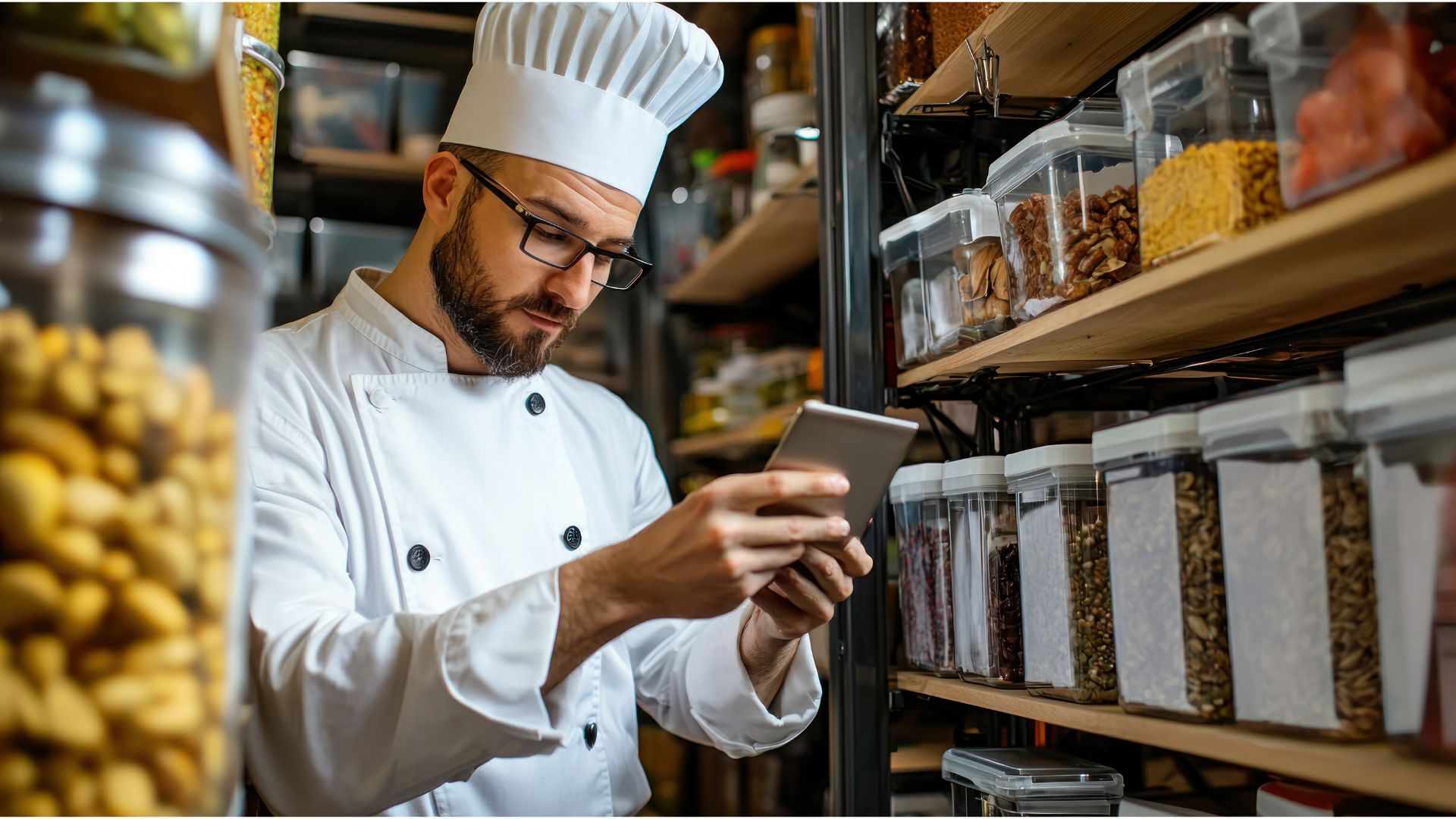 Chef in white uniform and hat using a tablet, checking inventory in a pantry.