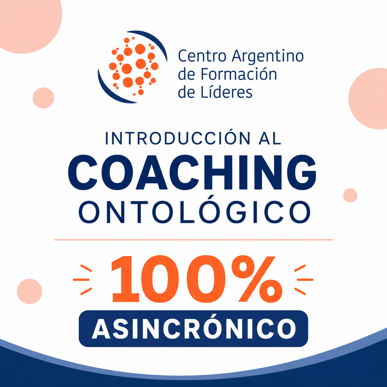 Cartel blanco y azul de curso “Introducción al coaching ontológico”, 100% asincrónico, con logo de CFDL.