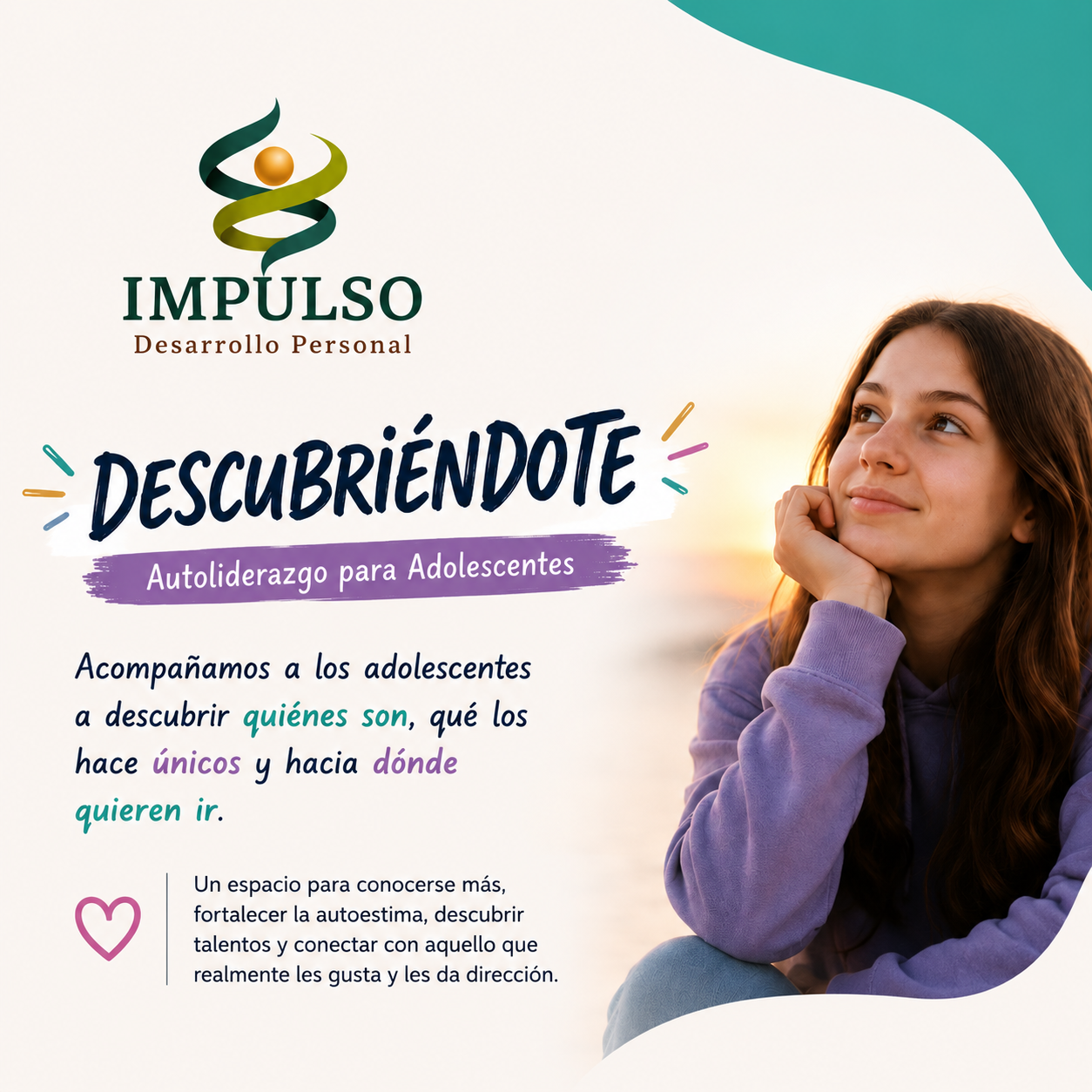 Cartel de Impulso: “Descubriéndote” con joven pensativa y fondo blanco y turquesa.