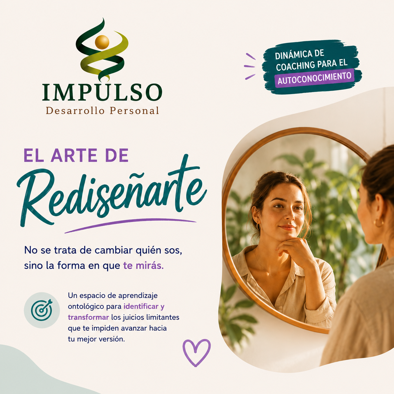 Cartel de Impulso Desarrollo Personal sobre rediseño personal, con mujer en un espejo y texto en tonos beige y morado