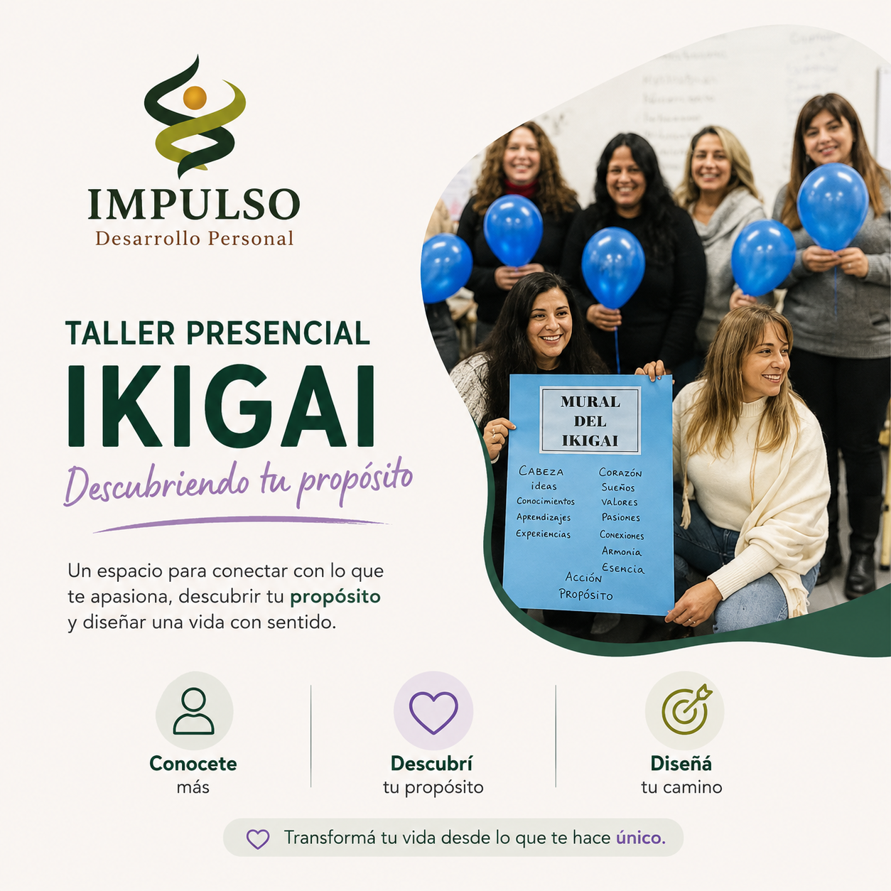 Cartel promocional del taller IKIGAI con un grupo de personas sosteniendo globos azules y sonriendo.