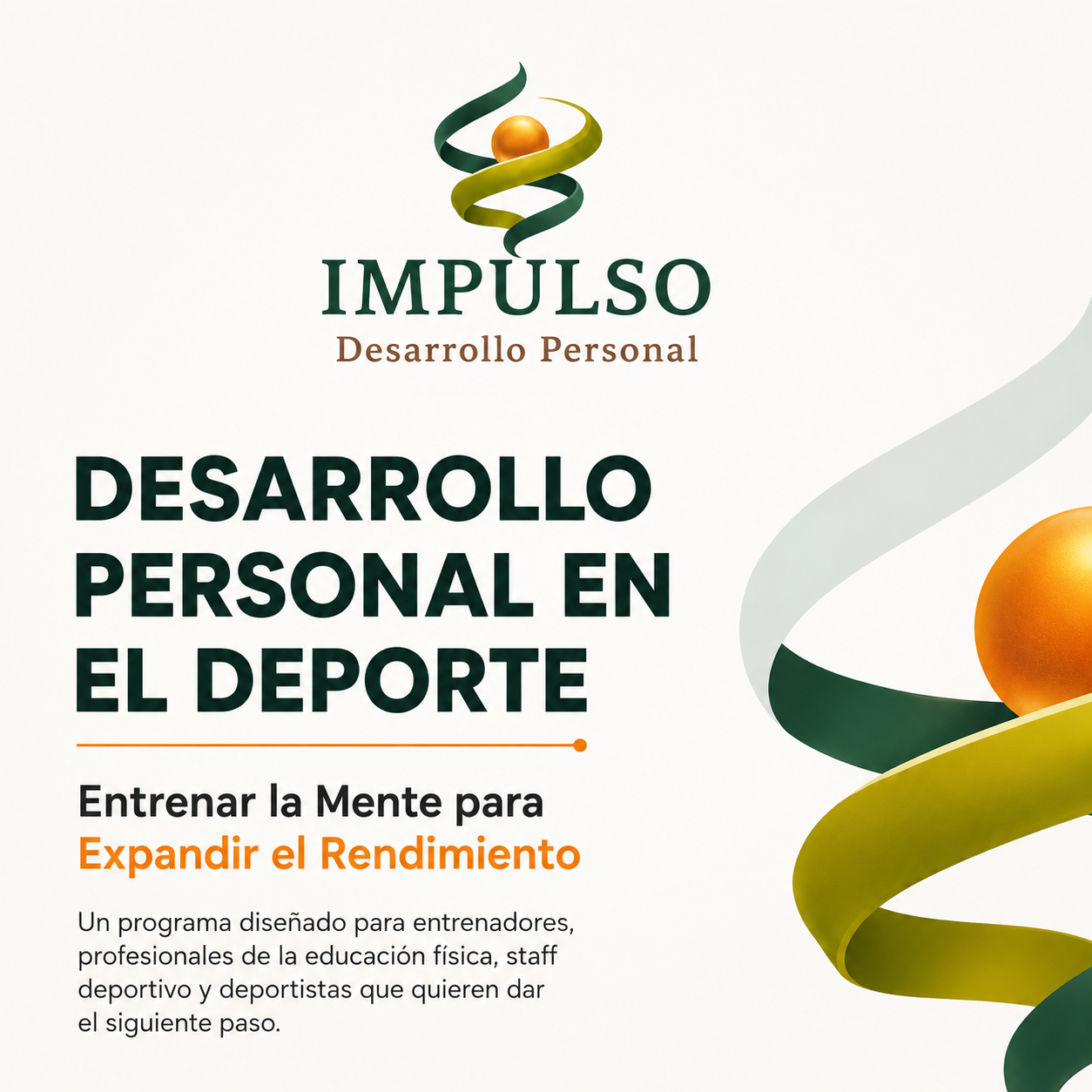 Cartel de Impulso Desarrollo Personal: “Desarrollo personal en el deporte” con espiral verde y naranja.