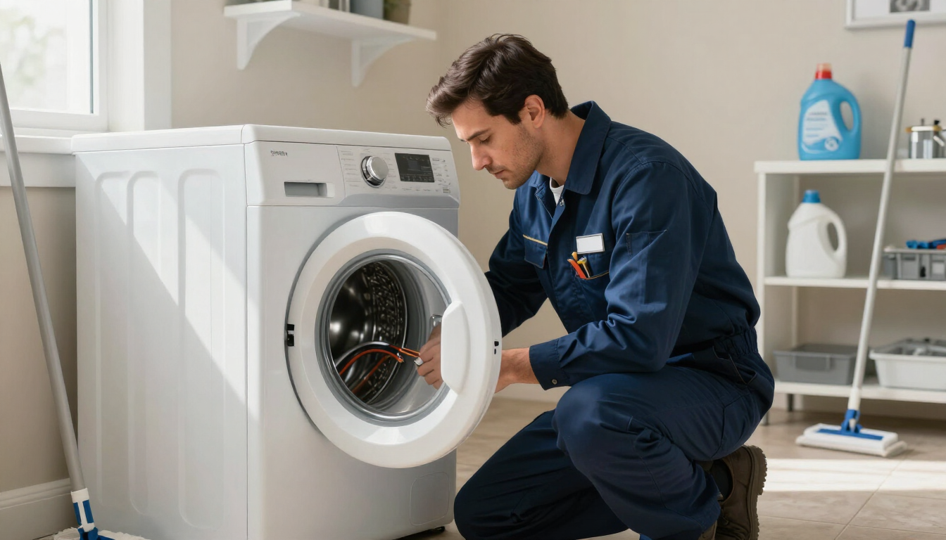 Technician repairing a washing machine in San Antonio