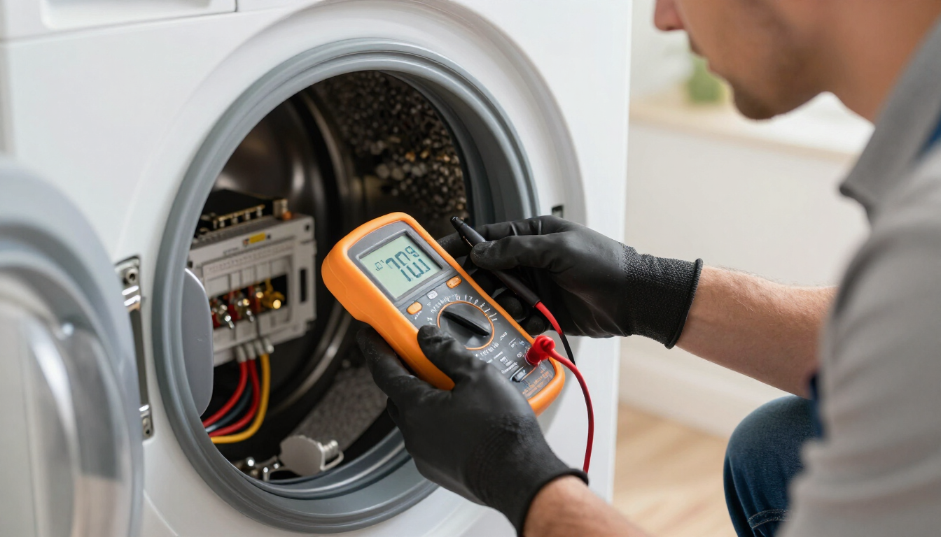 Technician testing dryer components with a multimeter