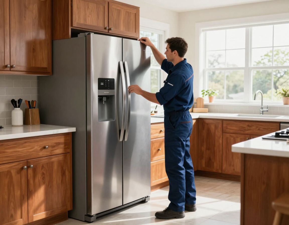 Technician installing refrigerator