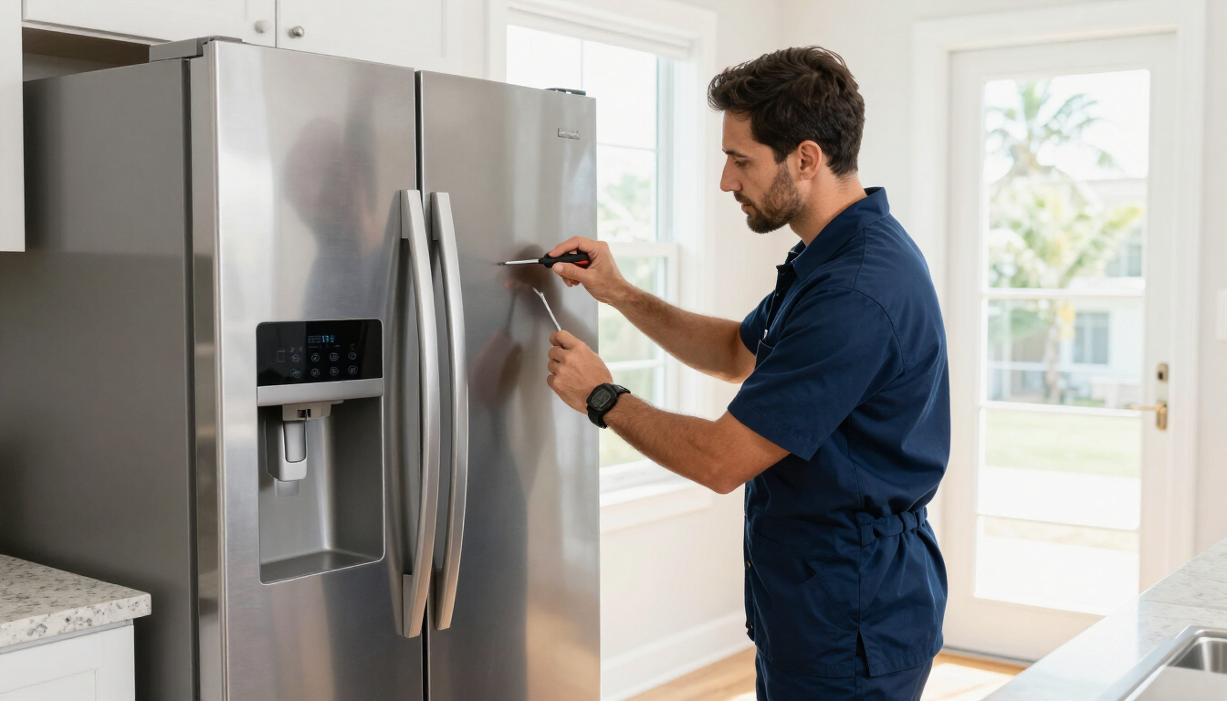 Appliance repair technician inspecting a refrigerator in a San Antonio home