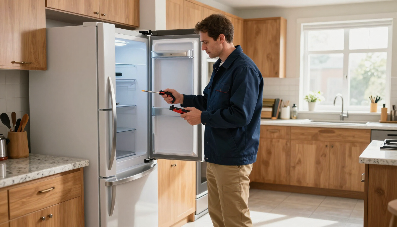 Technician diagnosing a refrigerator problem