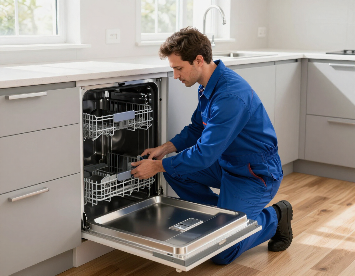 Technician checking a dishwasher beneath a kitchen counter