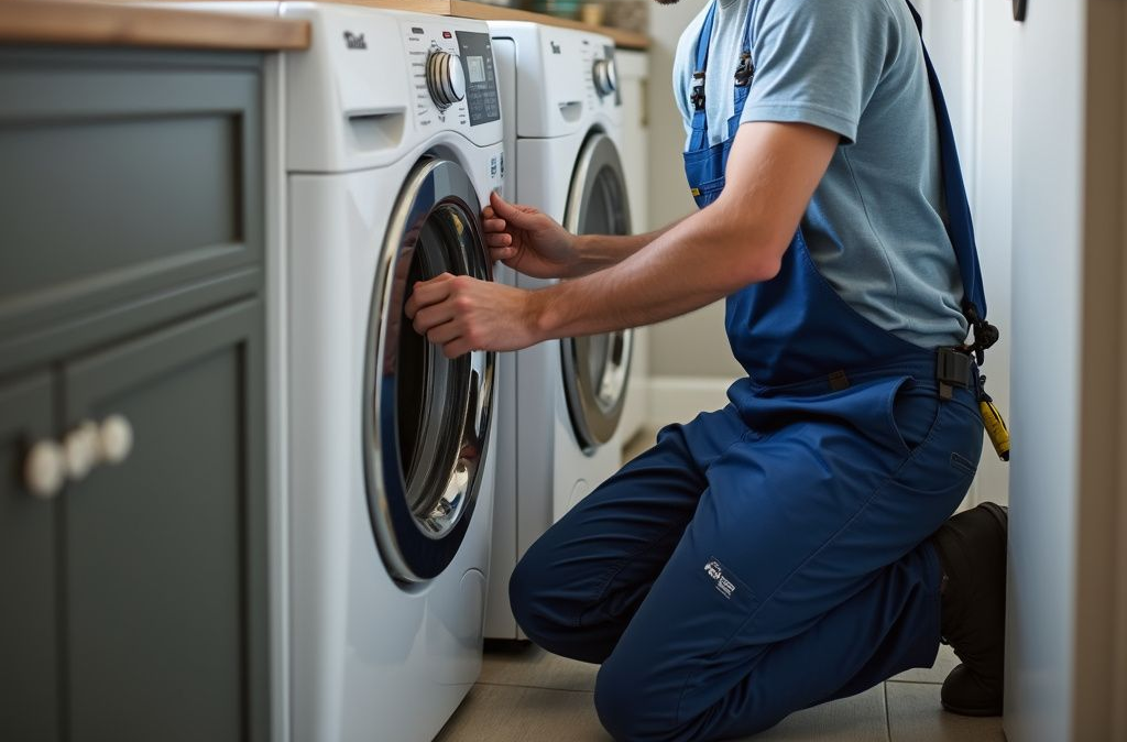 Technician in blue overalls repairing a front-loading washing machine in a laundry room