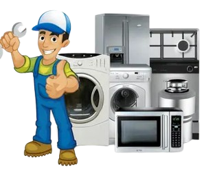 Appliance repairman beside washer, oven, microwave, and other kitchen appliances
