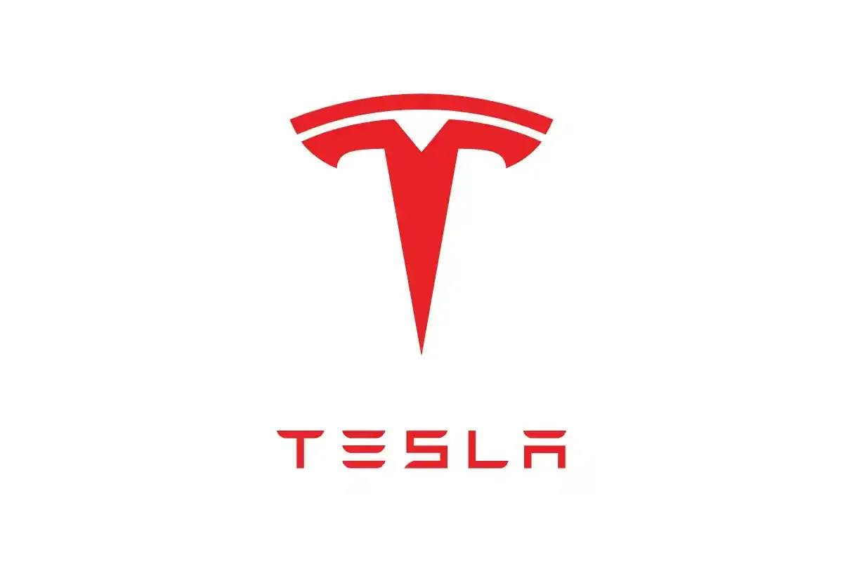 Red Tesla logo on white background with the word 