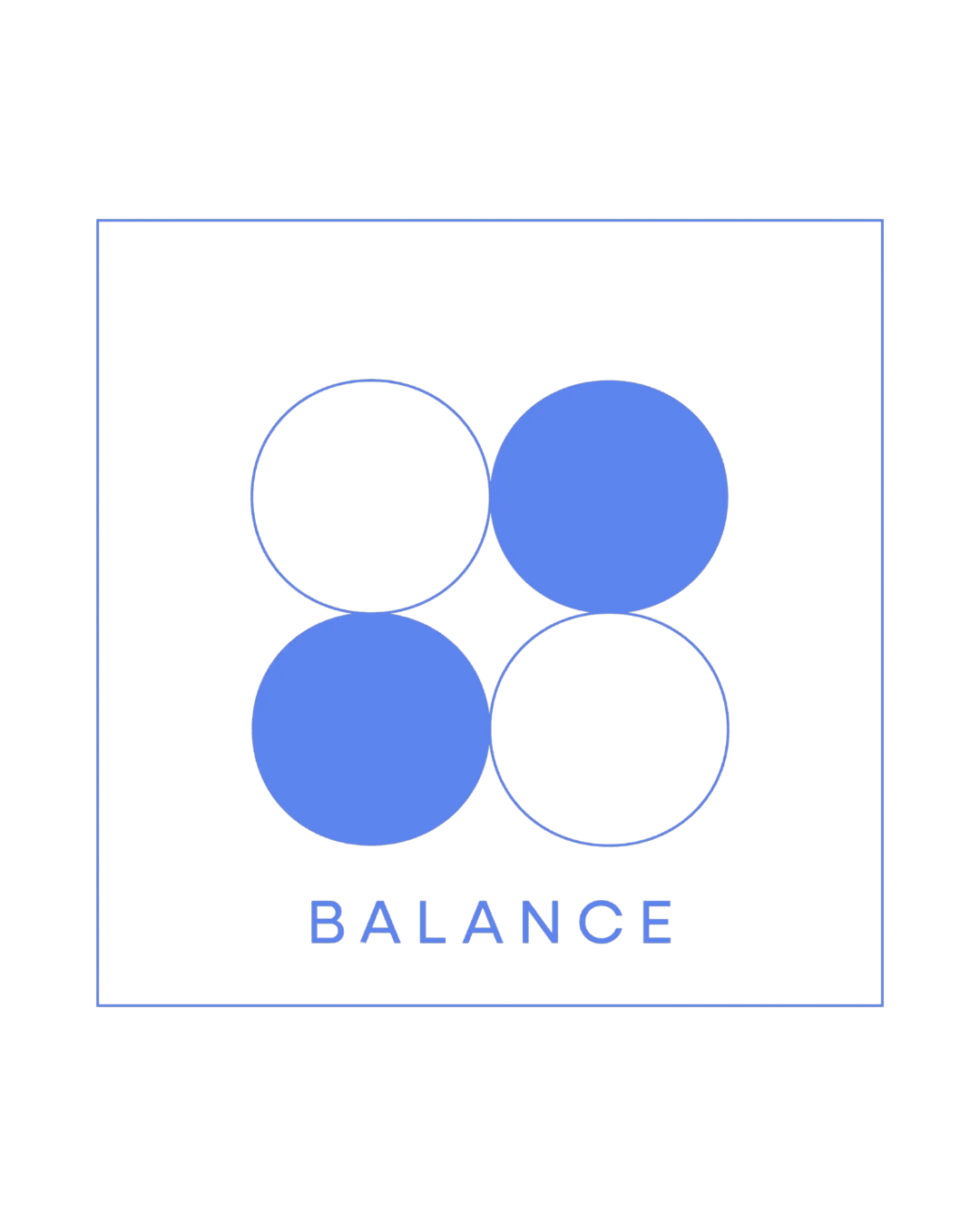 Logo with four circles, two blue and two outlined, in a square frame; the word 