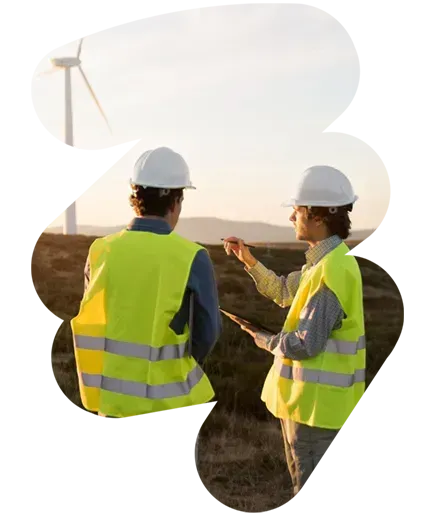 Two construction workers in hard hats and reflective vests discussing a wind farm site at sunset