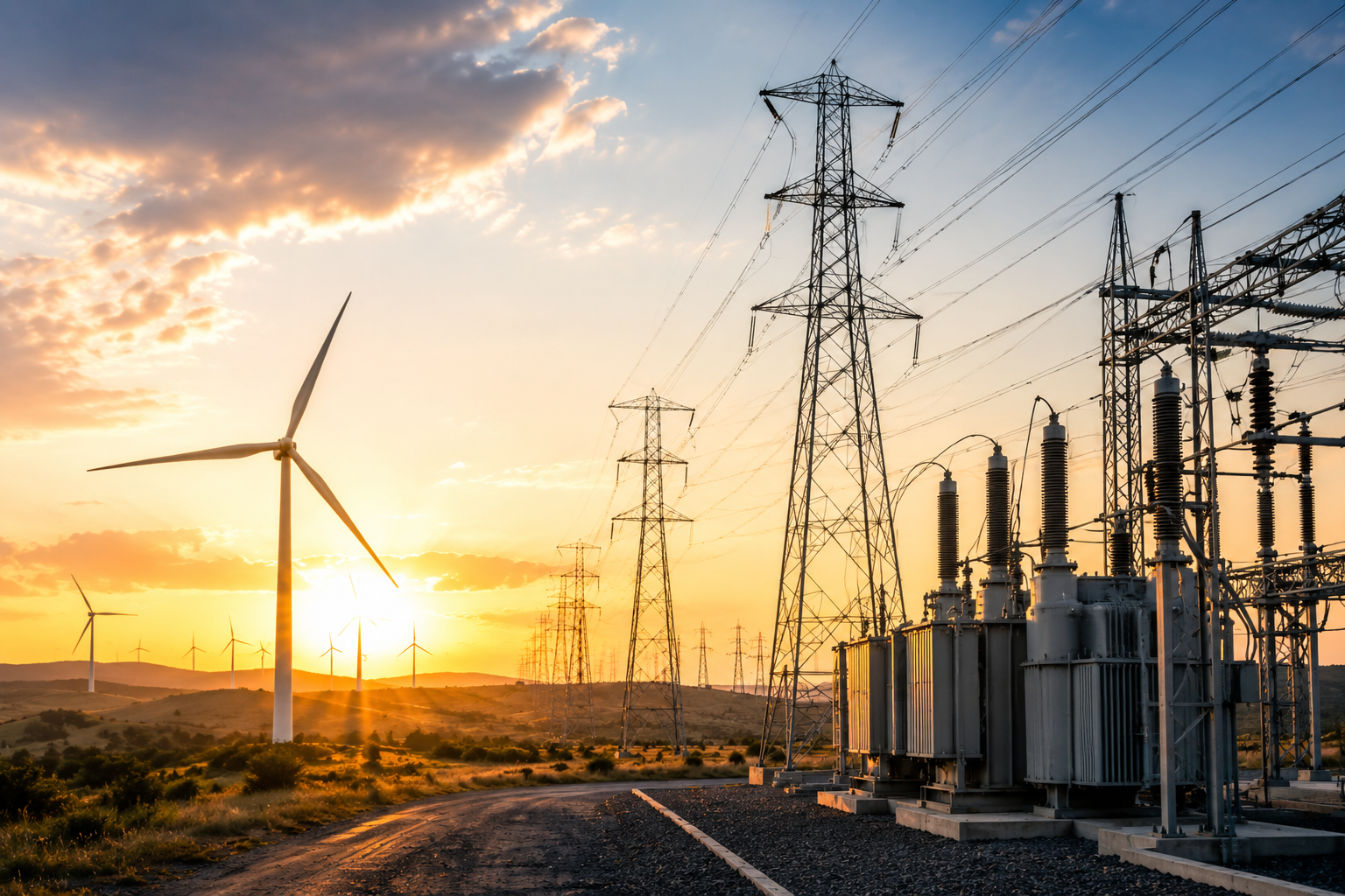 Wind turbines and power lines at sunset beside an electrical substation and rural road