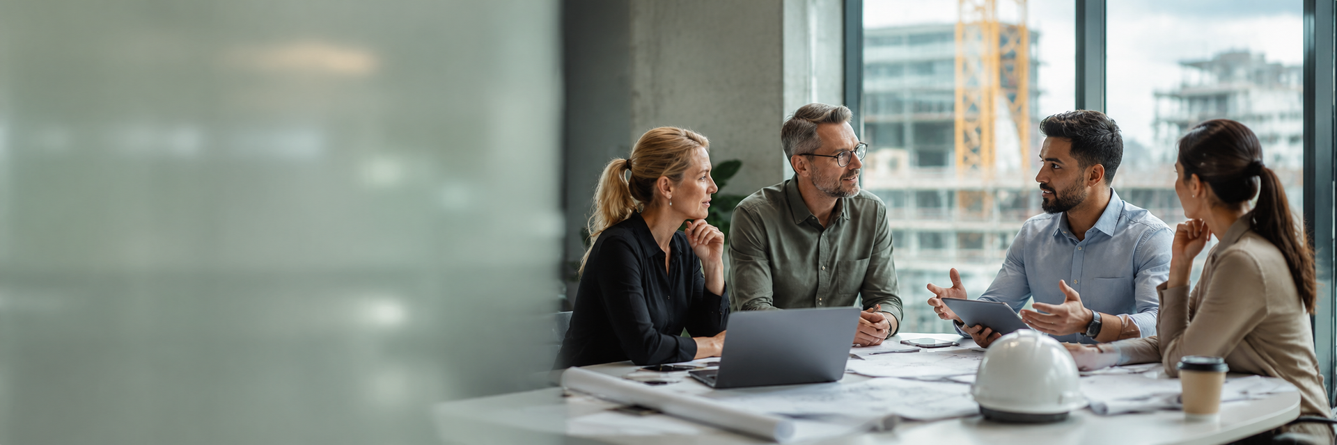 Four coworkers discussing over laptops and coffee in a bright glass-walled office meeting room