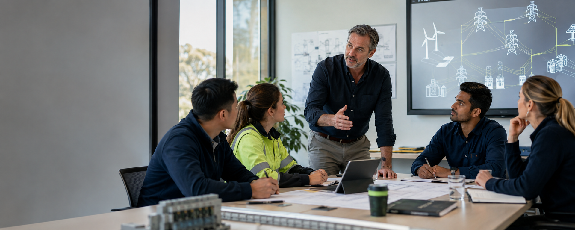 Team meeting in a bright office, with a presenter standing and colleagues seated around a table.