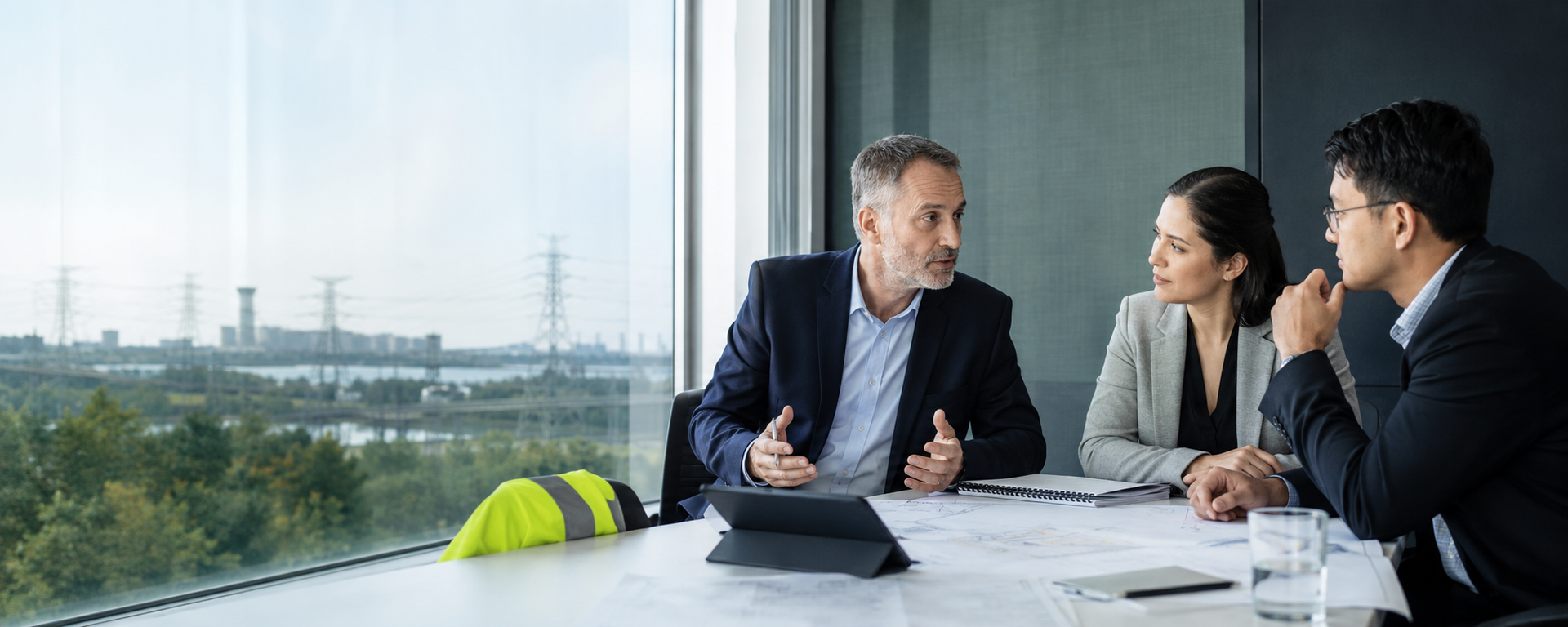Three coworkers discuss a laptop in a bright office with a city view through large windows.