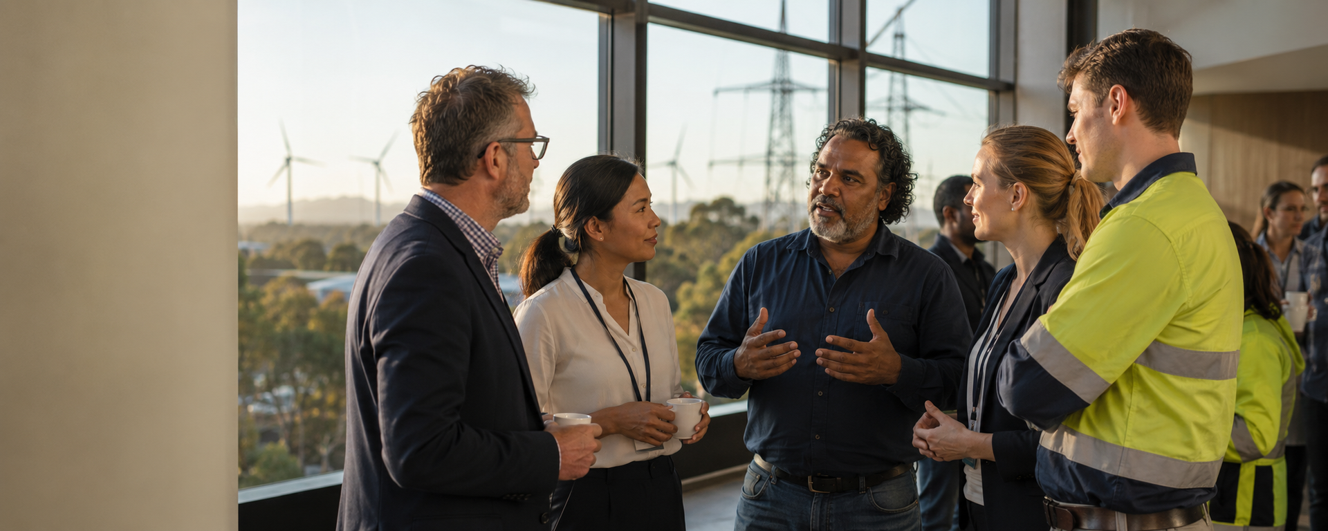Four people in safety gear and business clothes talk near large windows in an office-like setting.