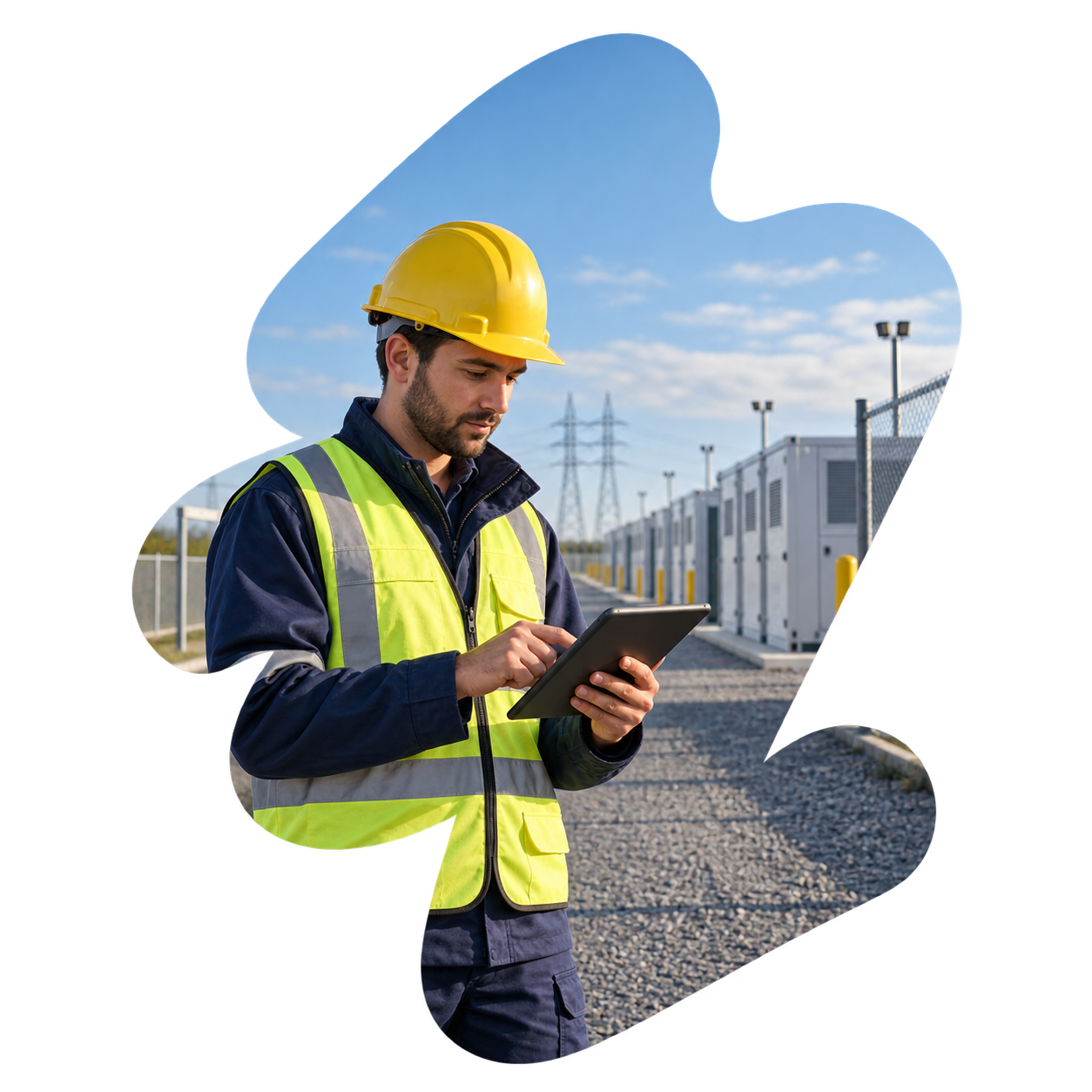 Construction worker in hard hat and reflective jacket using a laptop at dusk