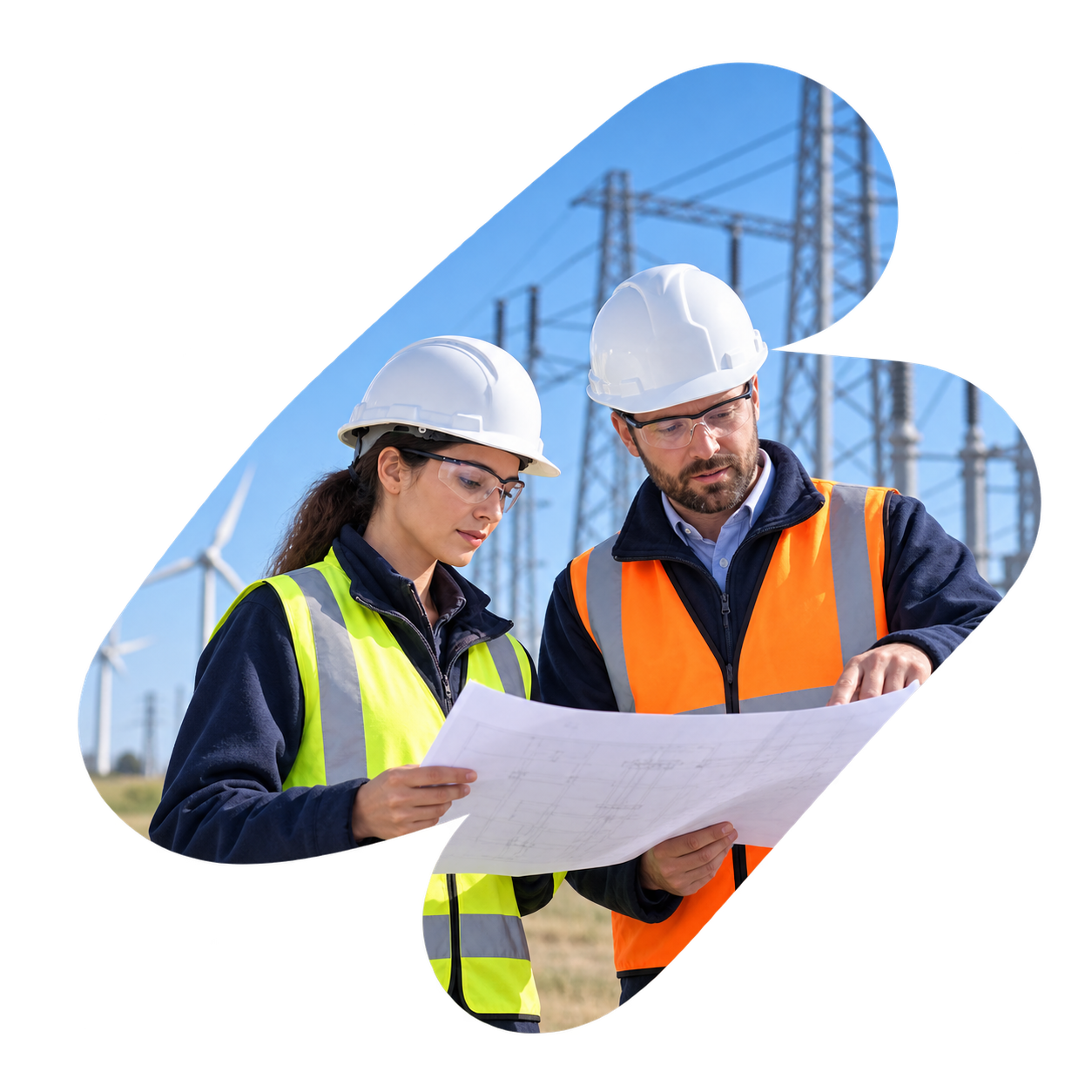 Construction worker in orange safety vest and hard hat, gesturing at a work site