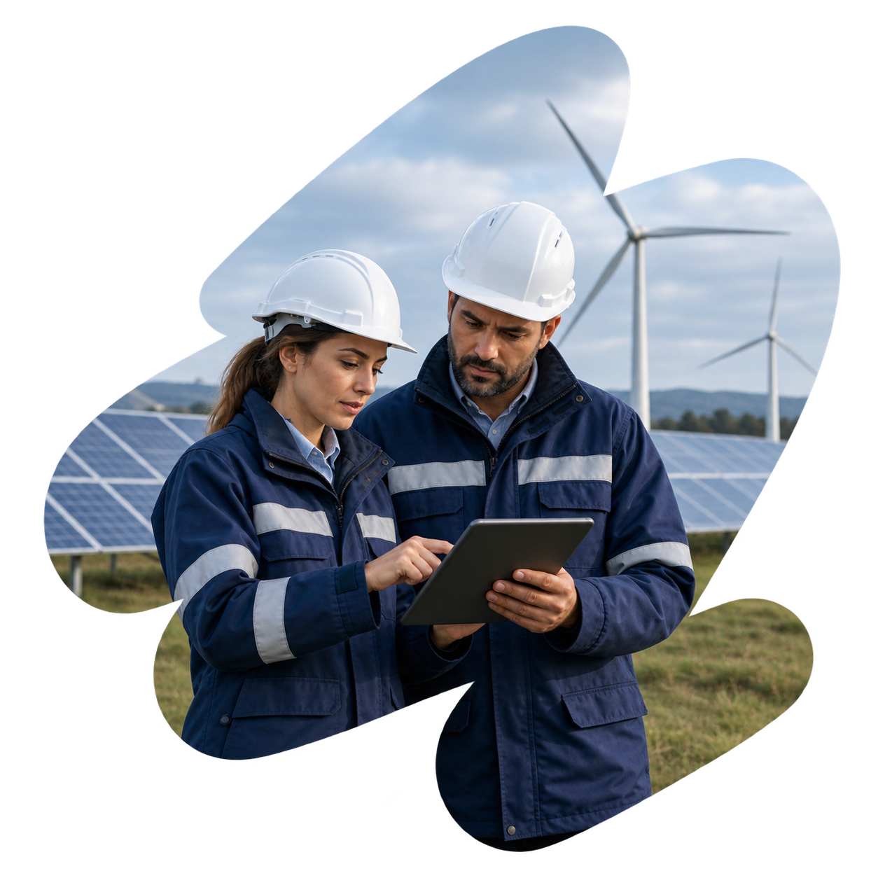 Two construction workers in hard hats and safety vests discuss a wind turbine field at sunset