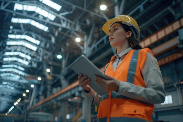 Worker in orange safety vest and hard hat holding a tablet in an industrial warehouse.