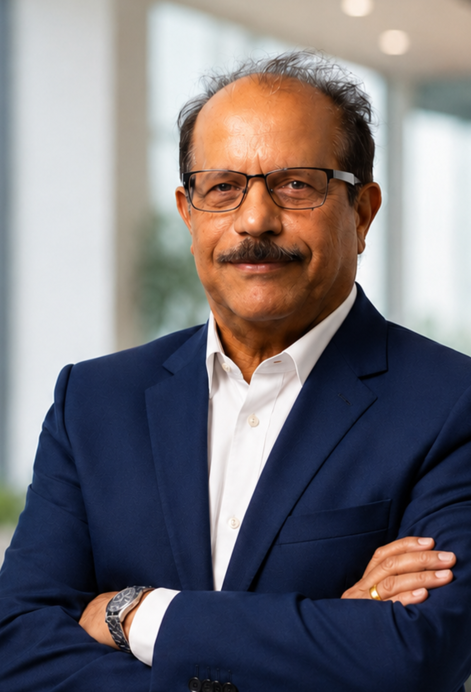 Portrait of a man in a navy suit and glasses, arms crossed, against a softly blurred office background
