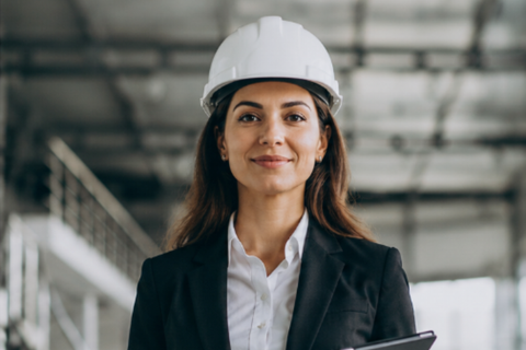 Smiling professional in white hard hat and black blazer in an industrial setting