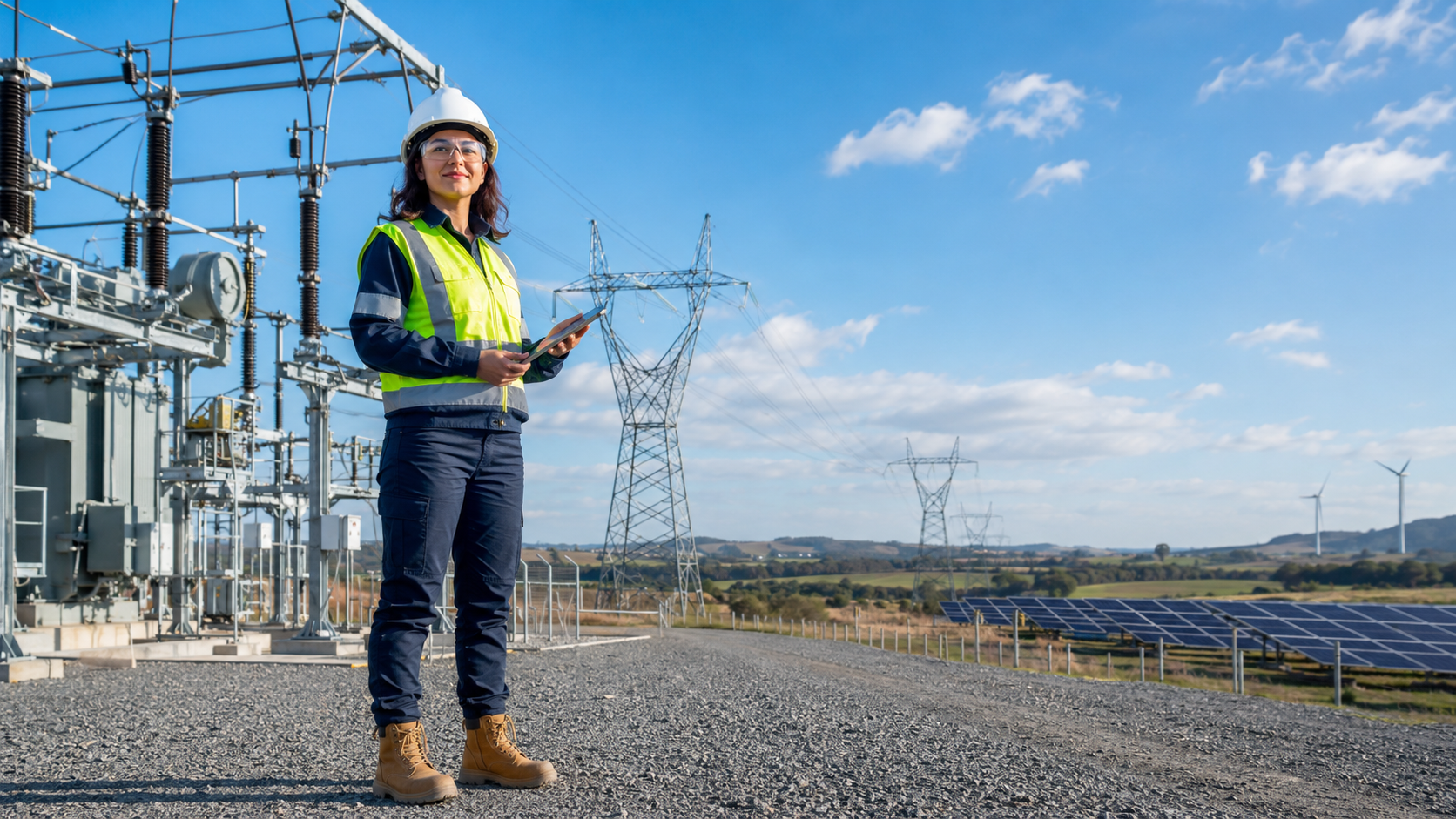 Utility worker in hard hat and reflective vest standing at an electrical substation under a blue sky.