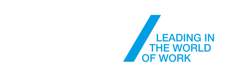 Blue logo with the words “LEADING IN THE WORLD OF WORK” on a white background