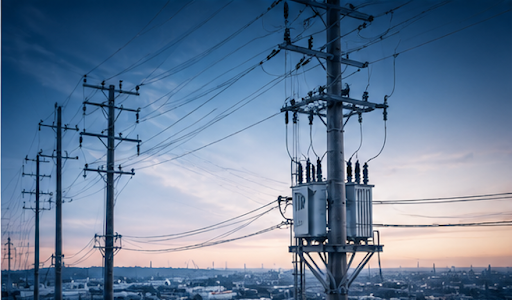 Electrical transmission towers and power lines at dusk over a city skyline.