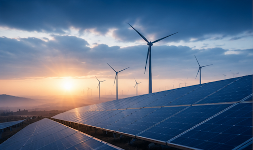 Solar panels and wind turbines at sunrise in a renewable energy landscape