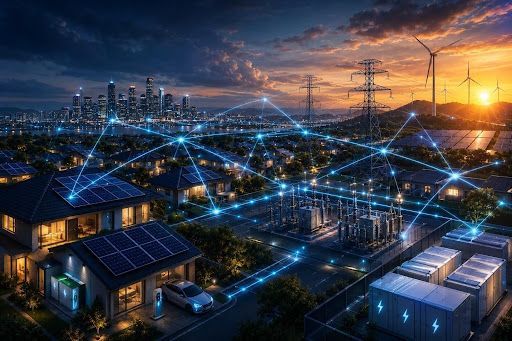 Futuristic smart grid at sunset with glowing blue power lines, city skyline, solar panels, and wind turbines