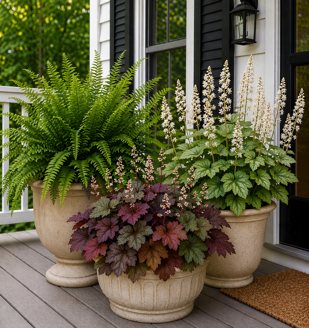 Three decorative potted plants with green and burgundy foliage on a front porch. The Green Porch Co Shade Sanctuary Guide for container gardens in full shade.