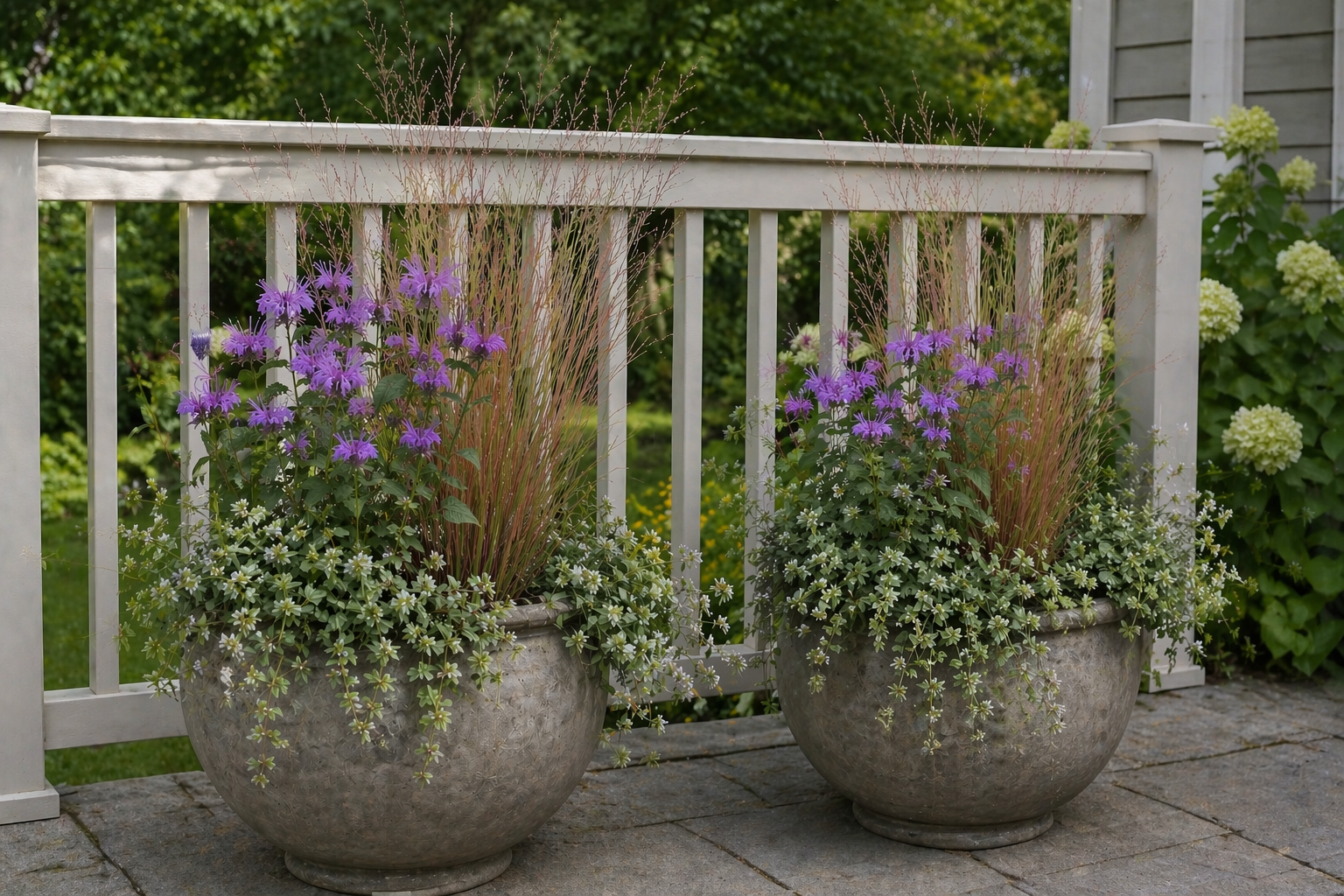 Two containers on a porch with native plants. The Green Porch Co Sunny Space Guide for native plants in full sun container gardens.