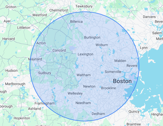 Service area map showing a 15 mile radius for metro west Boston.