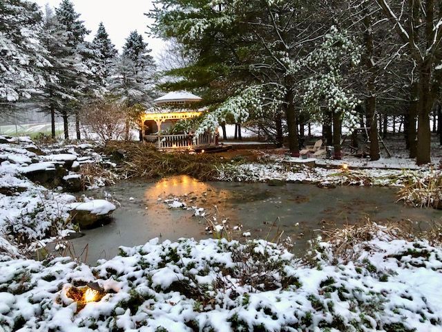 A snowy forest with a gazebo in the background