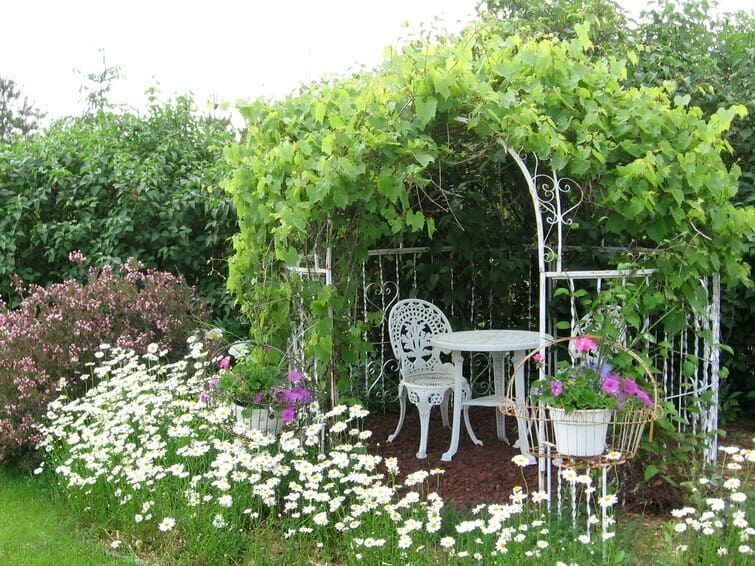 A white gazebo with a table and chairs in a garden surrounded by flowers.