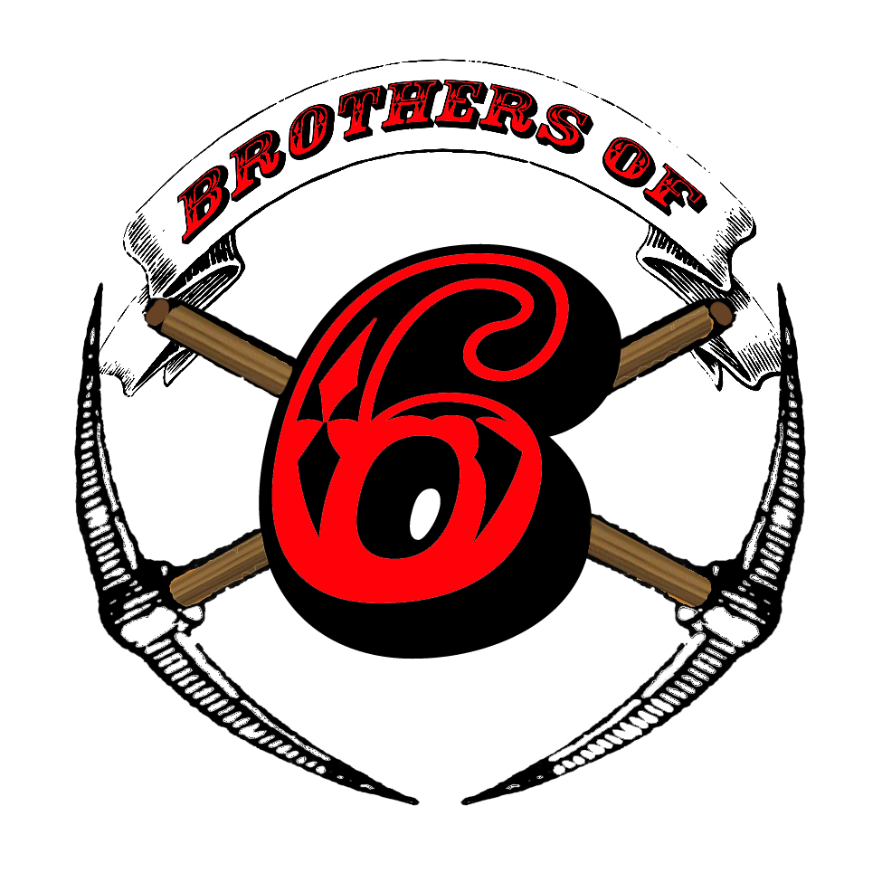 Logo for Brothers of 6 Charities with red-and-black “6,” crossed swords, and banner reading “Brothers of”