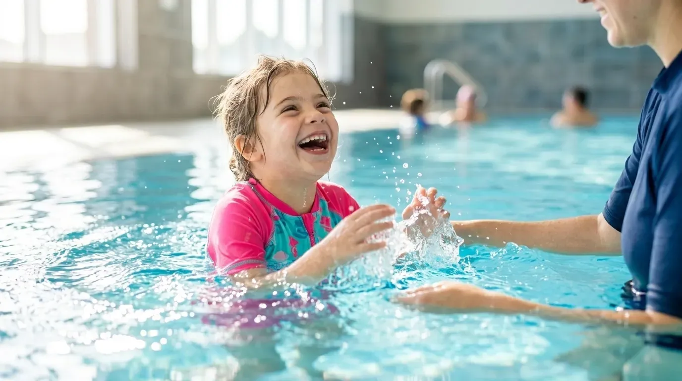 Child laughing in a swimming pool, splashing water with an adult in the foreground.