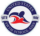 United States Swim School Association logo with red and blue swimmer emblem and ESTD 1988 text