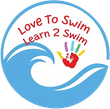 Love To Swim Learn 2 Swim logo with blue wave, red text, and colorful handprint