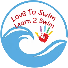 Love To Swim Learn 2 Swim logo with blue wave, red text, and colorful handprint